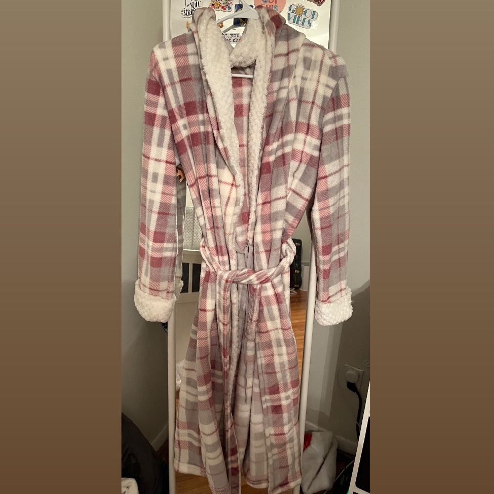 pink gray and white plaid robe